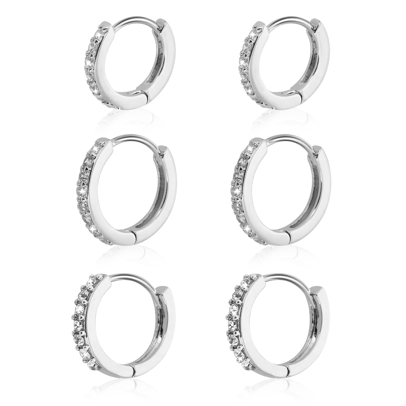 3 Pairs Huggie Earrings Set Cubic Rhinestones Hoop Earrings Small Hoop Earrings for Women(8mm 10mm 12mm)