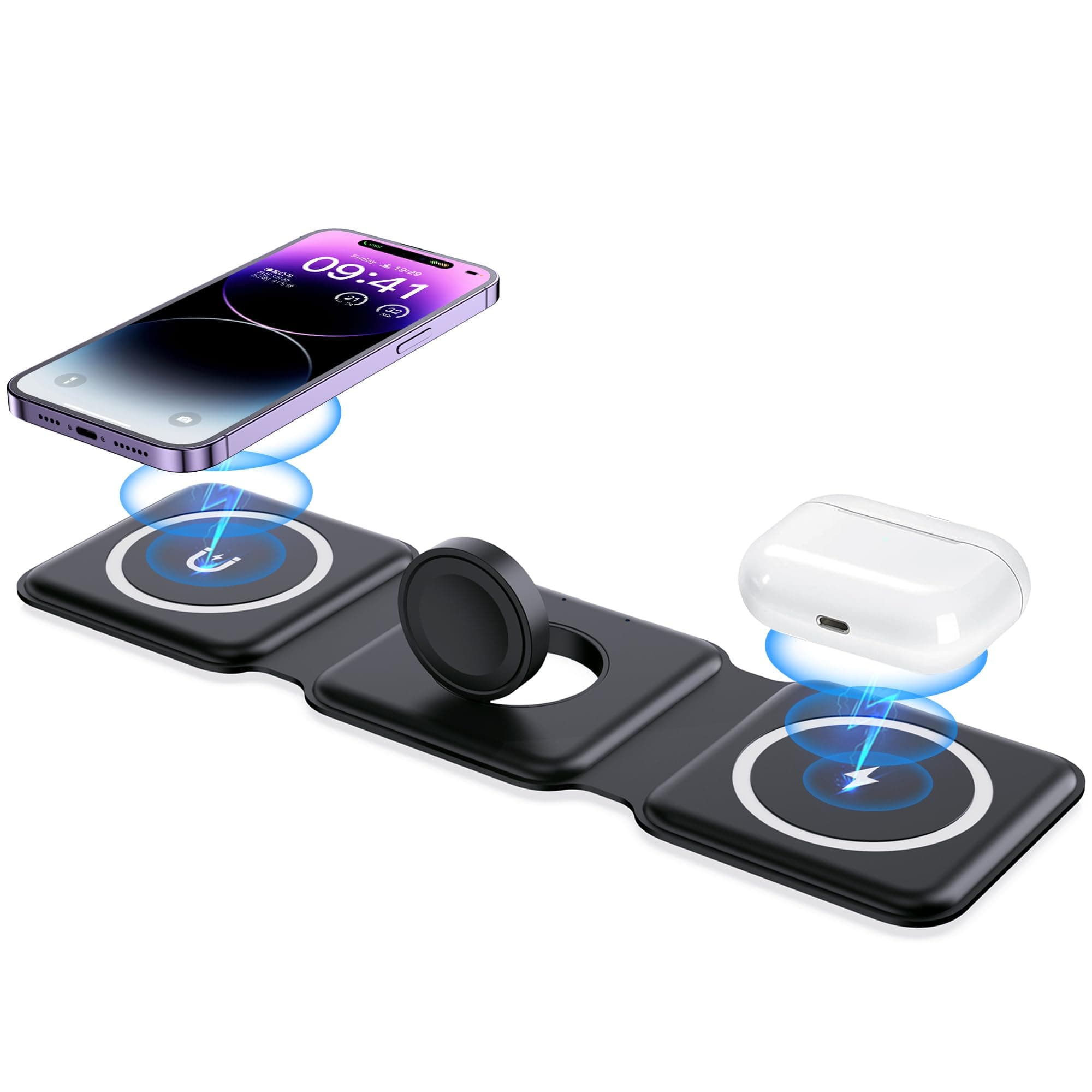 IMPUVERS Wireless Charger 3 in 1, Magnetic Foldable Wireless Charging Station for iPhone 13/12/11 Pro Max/X/Xs Max/8/8 Plus, AirPods 3/2/pro, iWatch Series 7/6/5/SE/4/3/2, and Samsung Phones(Black)