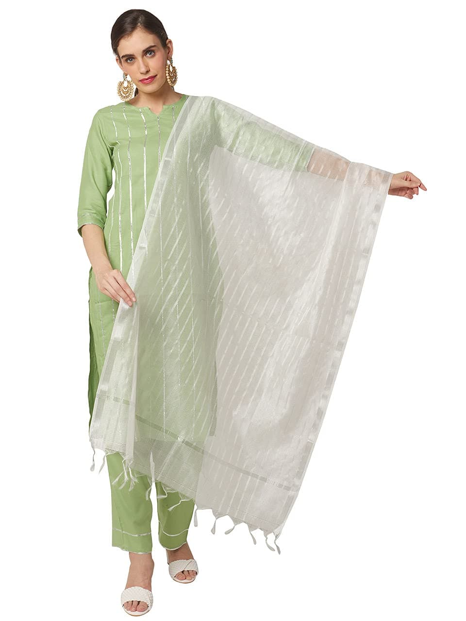 Women's Blended White Silk Dupatta with Silver Stripes