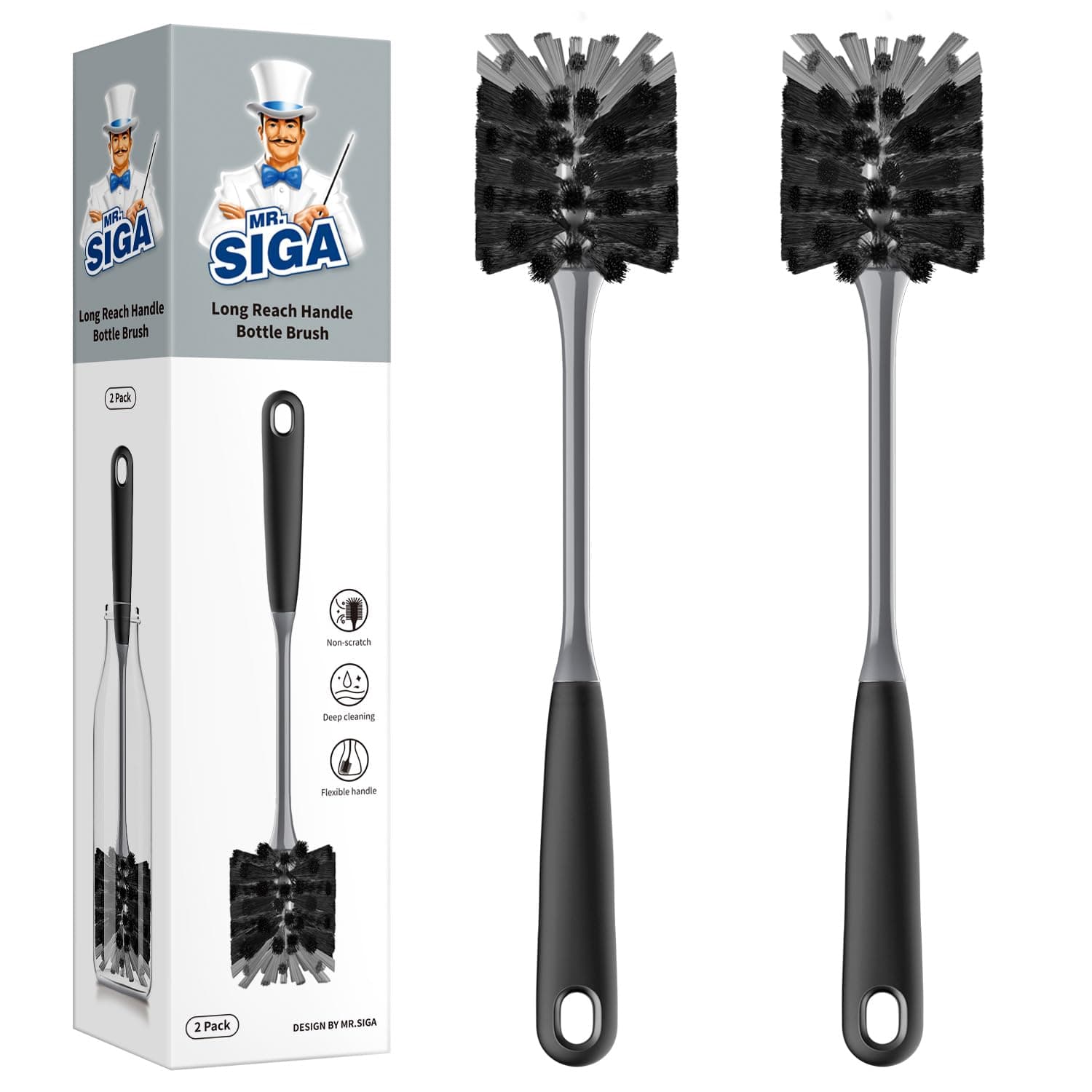 MR.SIGA Long Handle Bottle Brush, Cleaning Brush for Water Bottle, Glassware, 2 Pack