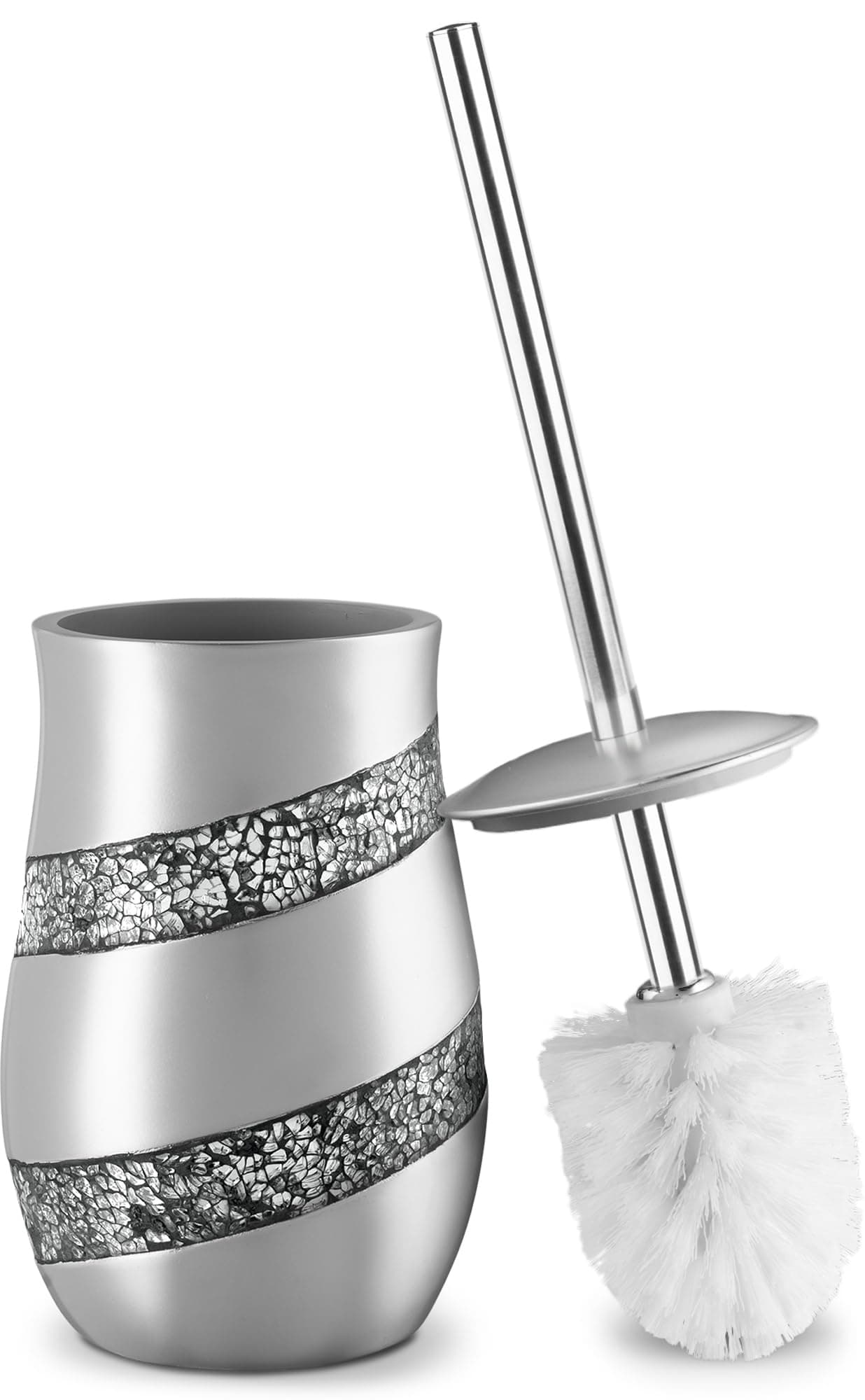 Silver Mosaic Toilet Brush and Holder Set - Toilet Bowl Brush and Holder, Sturdy Toilet Cleaner Brush with Stainless Steel Handle, Bathroom Toilet Scrubber Brush with Decorative Holder