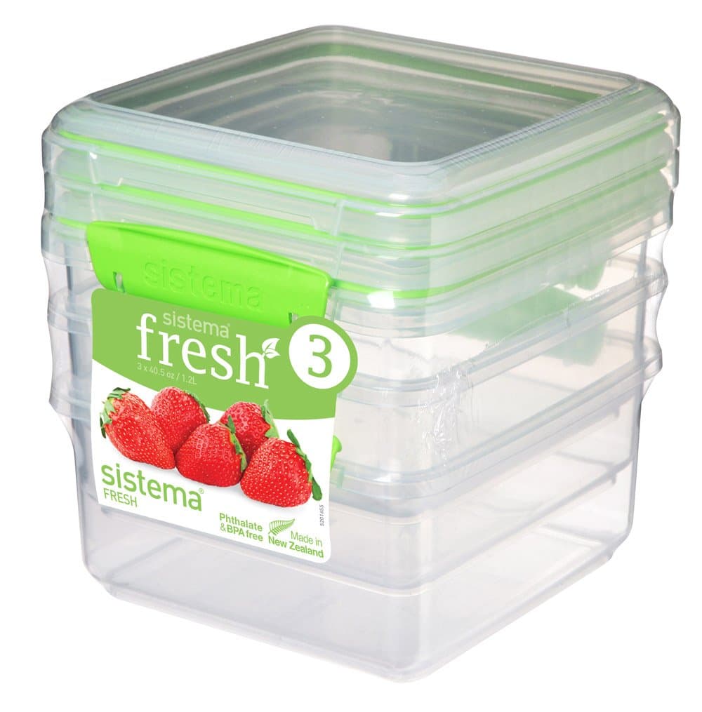 Sistema 3-Piece 1.2 Litre Plus Fresh Lunchbox Set, Transparent/Green, 15.5 x 15 x 16 cm