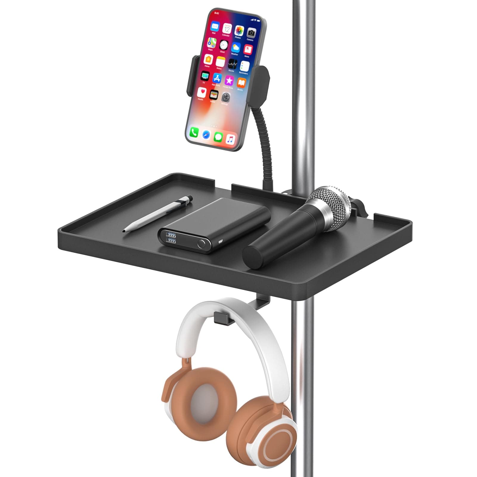 Functional Microphone Stand Tray with Adjustable Mic Stand Phone Holder - 8.7"x6.5" Mic Stand Tray Shelf Clamp-On Music Stand Accessory for Live Streaming Karaoke Recording