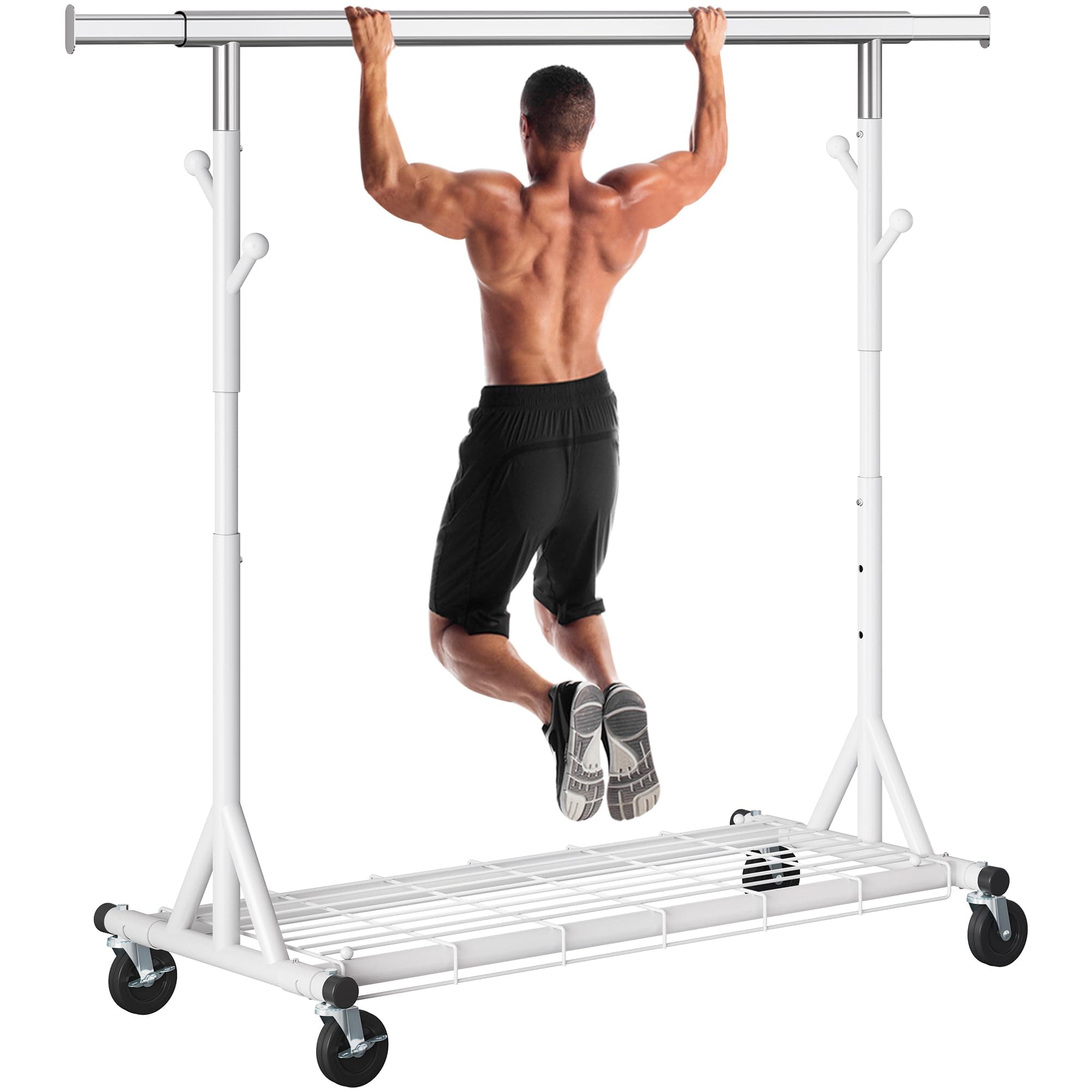 Gewudraw Heavy Duty Clothes Rack, 530 lbs Load Capacity Metal Garment Rack on Wheels - Collapsible Adjustable Portable Storage with Hooks, White