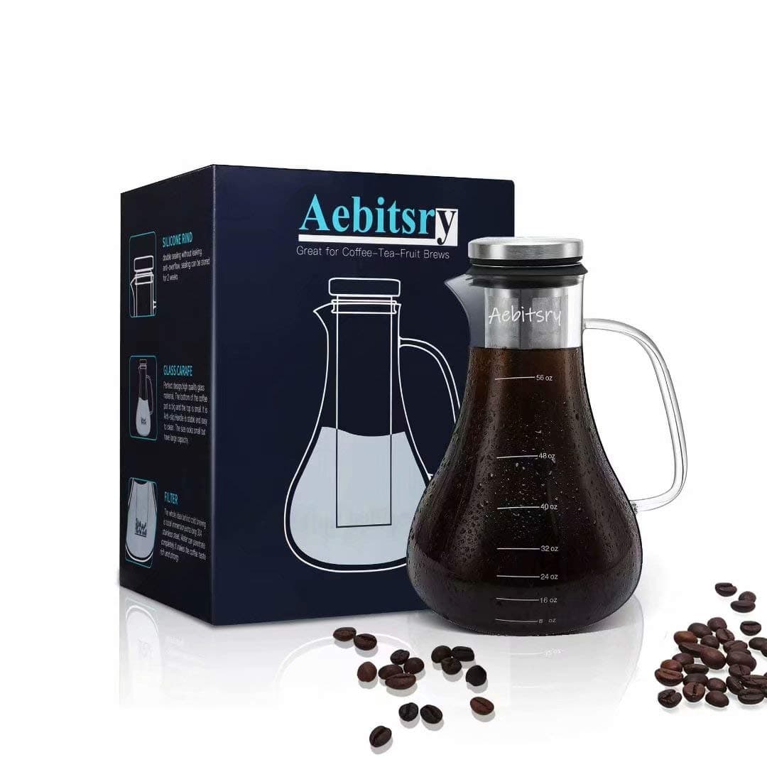 Cold Brew Coffee Maker, (56oz) For Homemade Iced or Hot Coffee Maker Brewer Pitcher, Airtight Thick Glass Tea Pot Infuser Carafe with Ultra Mesh Removable Stainless Steel Filter and Seal Lid
