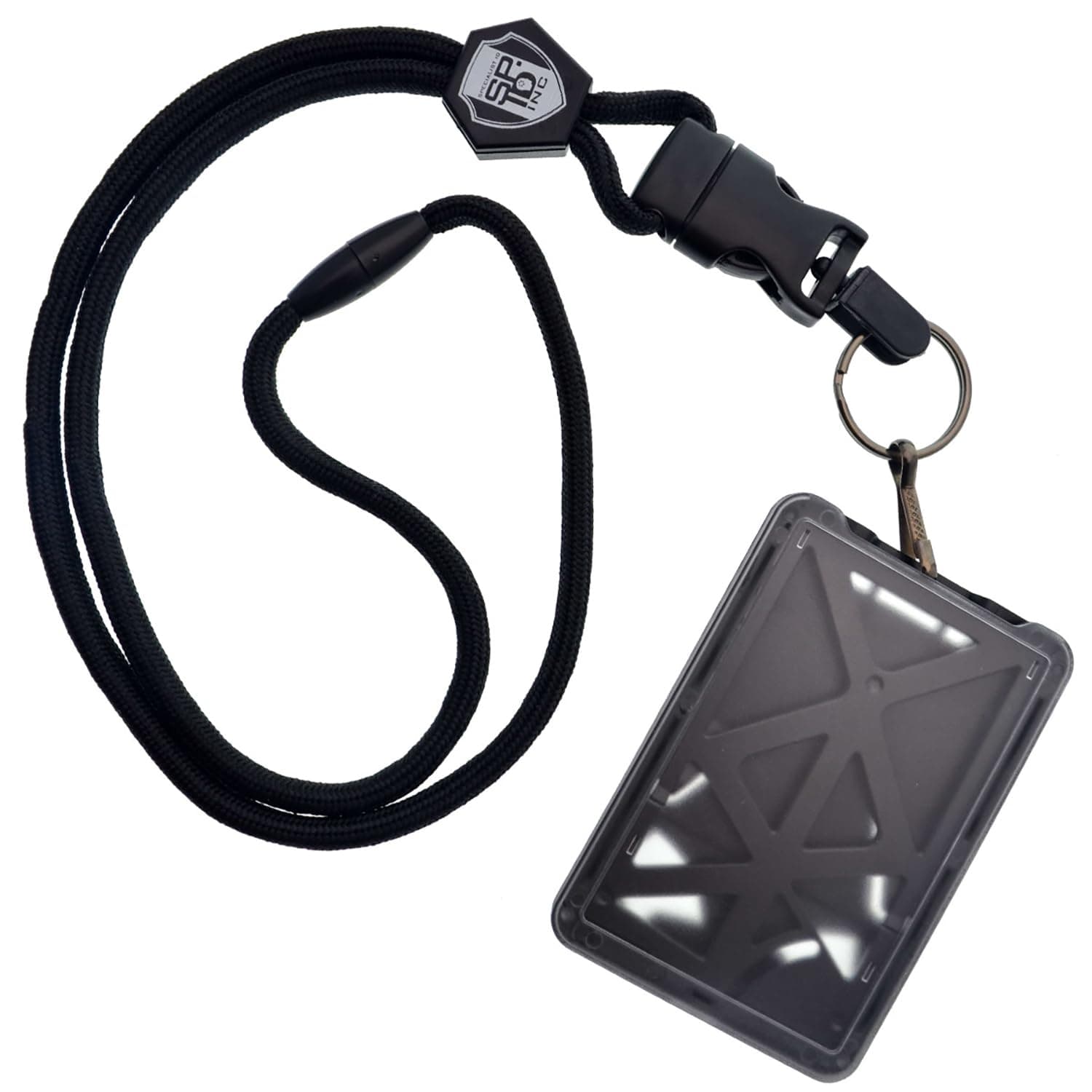 Vertical Top Load Three Card Badge Holder - Hard Plastic with Heavy Duty Breakaway Lanyard w Quick Release Metal Clip & Key Ring (One Holder / 3 Cards Inside) (Black)