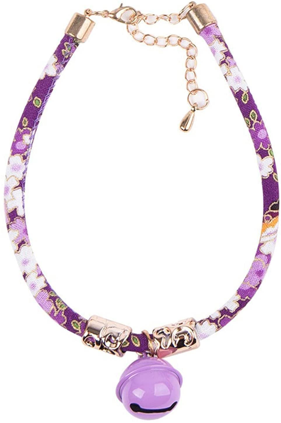 PETS EMPIRE Japanese Style Cat Collar, Kimono Style Cat Collar with Bell, Adjustable Neck 30-36 cm, Handmade Cotton Necklace with Bell 1 Piece (Purple)