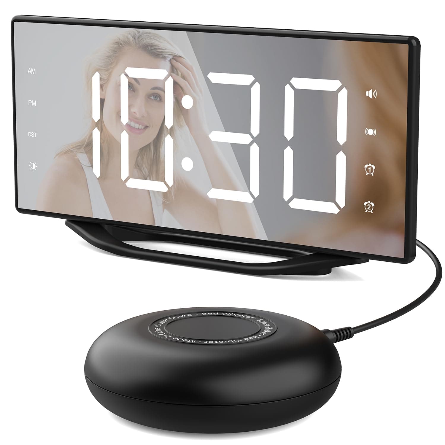 OnLyee Vibrating Alarm Clock with 8.7” LED Mirror for Heavy Sleepers & Hearing Impaired, Bed Shaker & 3 Wake-Up Modes, Dual Alarms, USB Charging, Adjustable Brightness, Snooze Function