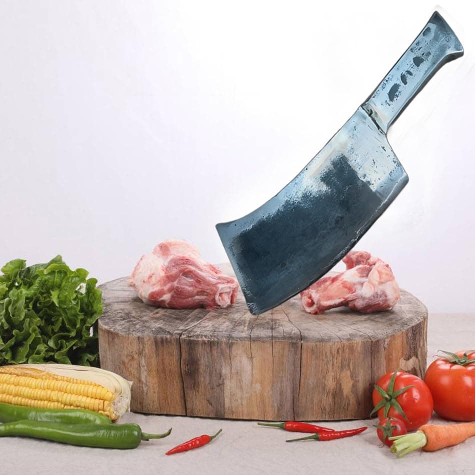Brand - Heavy Duty Meat Cleaver and Butcher Kitchen Knife, Sharp Stainless Steel Blade for Cutting Meat, Bones, Chicken, Beef, Fish & Fruit (Metal Truck Spring Make Knives, 650 Grams Knife)