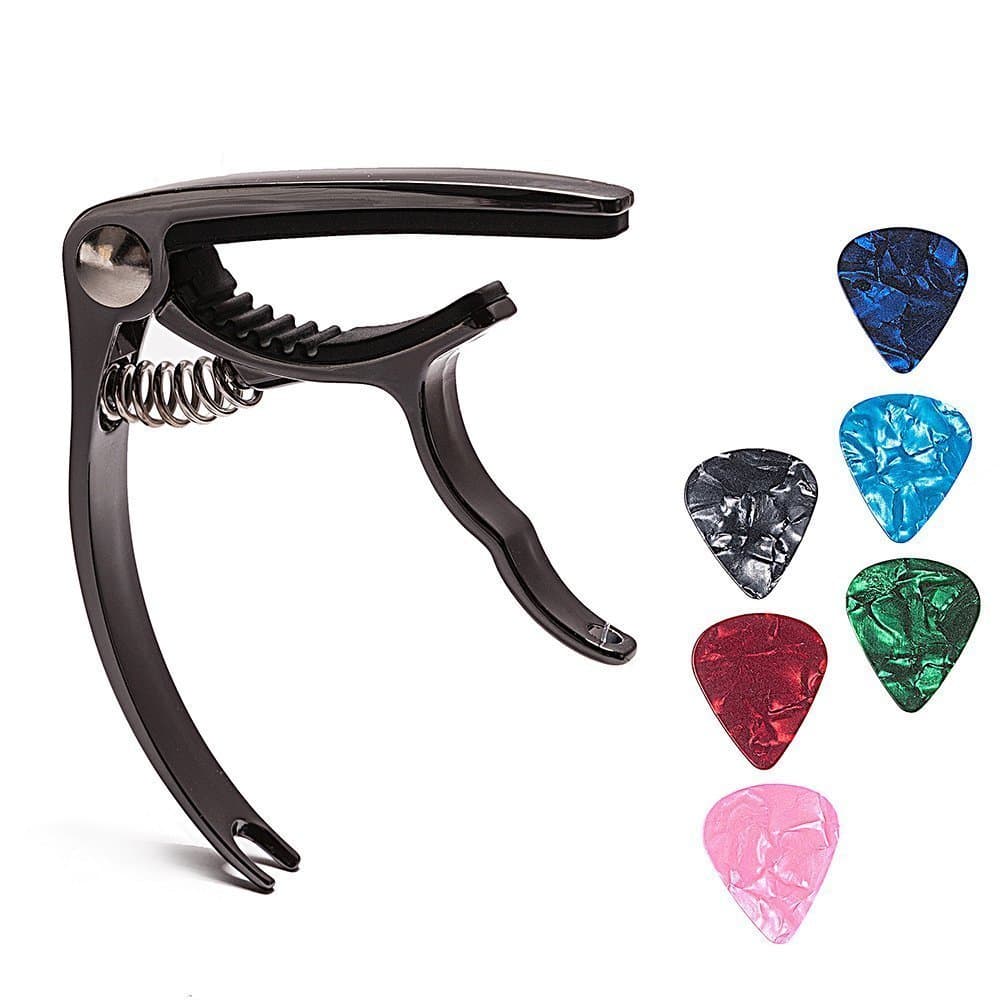 Guitar Capo with 6 Free Picks for Ukulele Acoustic and Electric Guitars, Quick Change Ukulele & Banjo Capos (Black)