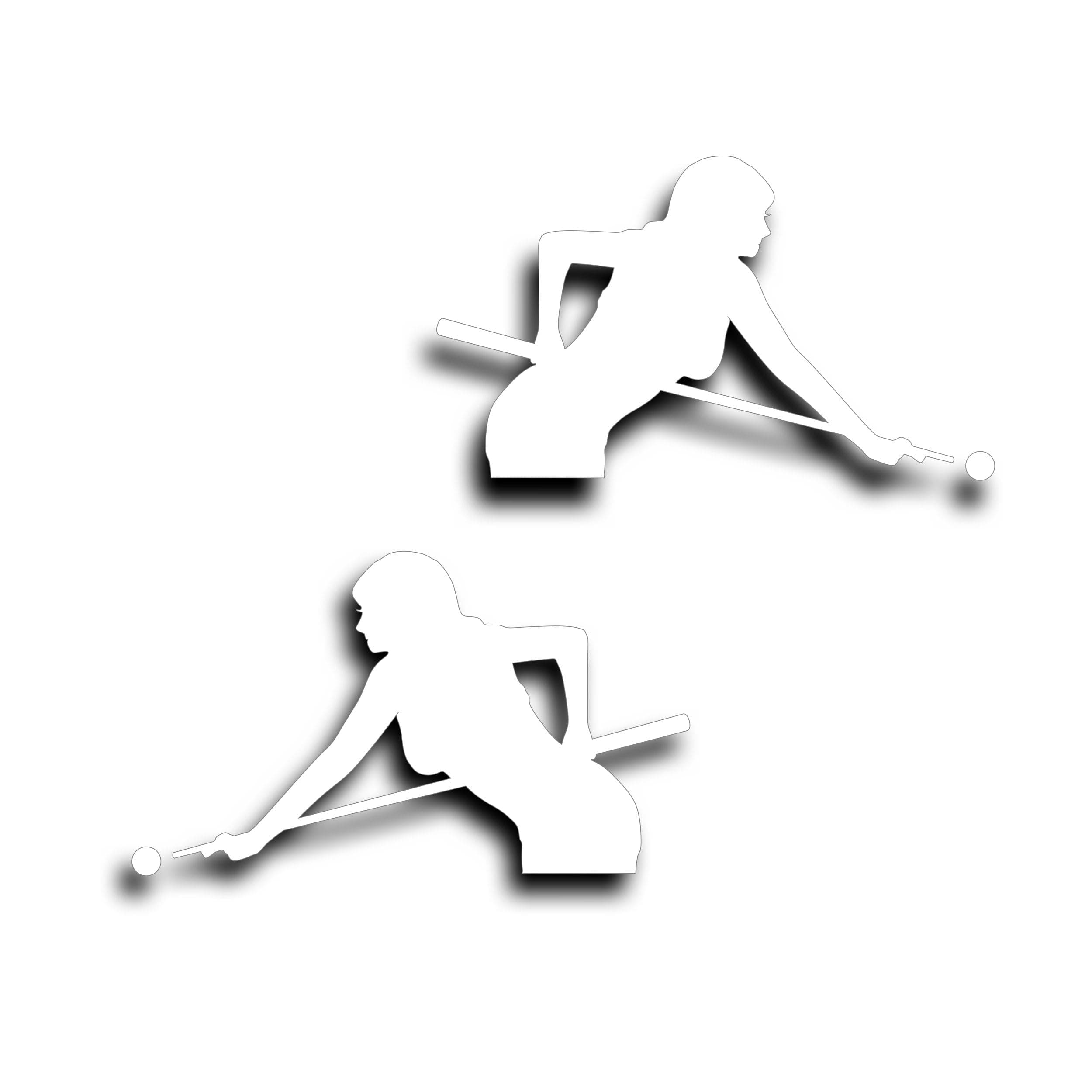 2X Billiard Girl Woman Decal Sticker Player Shooting 8 Ball Cue Stick Pool Hall Table 4 3/4 x 8 1/4 Inch White Left and Right