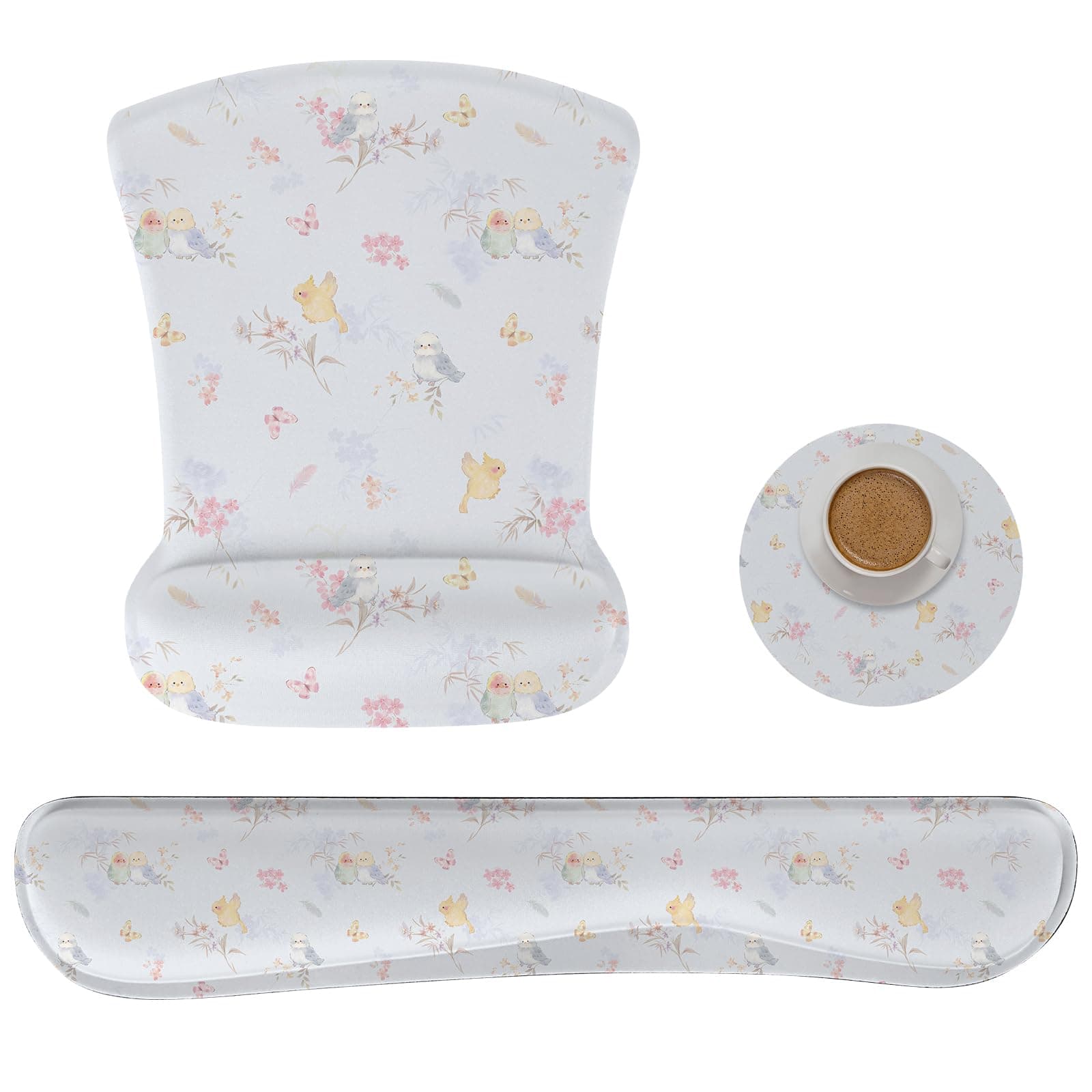 Ergonomic Memory Foam Keyboard Mouse Pad Set with Wrist Rest Support,Non-Slip Hand Wrist Cushion for Laptop/Notebook/Desktop/Computer/Gaming/Office,Easy Typing& Pain Relief (Birds)