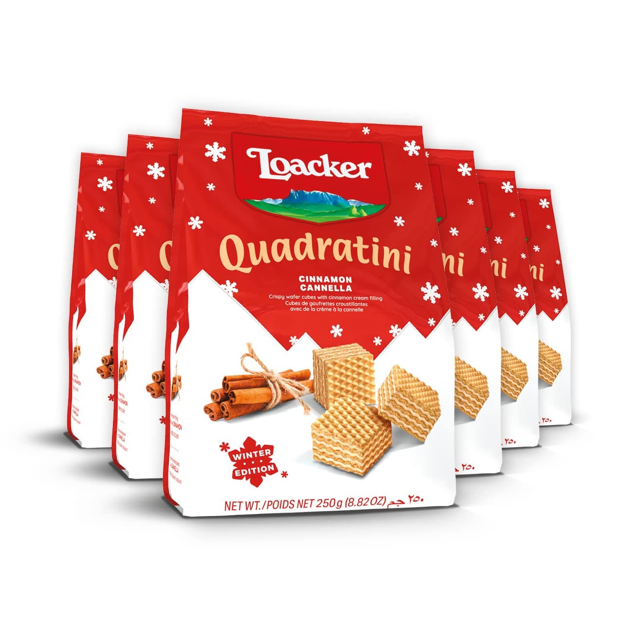 Loacker Quadratini Cinnamon Wafer Cookies LARGE - Limited Holiday Edition Premium Crispy Bite Size Wafers with Cinnamon Cream Filling - 30% Less Sugar - Resealable Family Pack - LARGE Snack Bag 250g/8.82oz, Multipack of 6