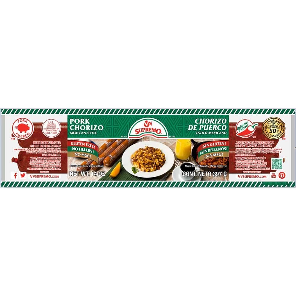 VV Supremo Mexican Style Chorizo Pork Sausage, 14 Ounce -- 12 per case.