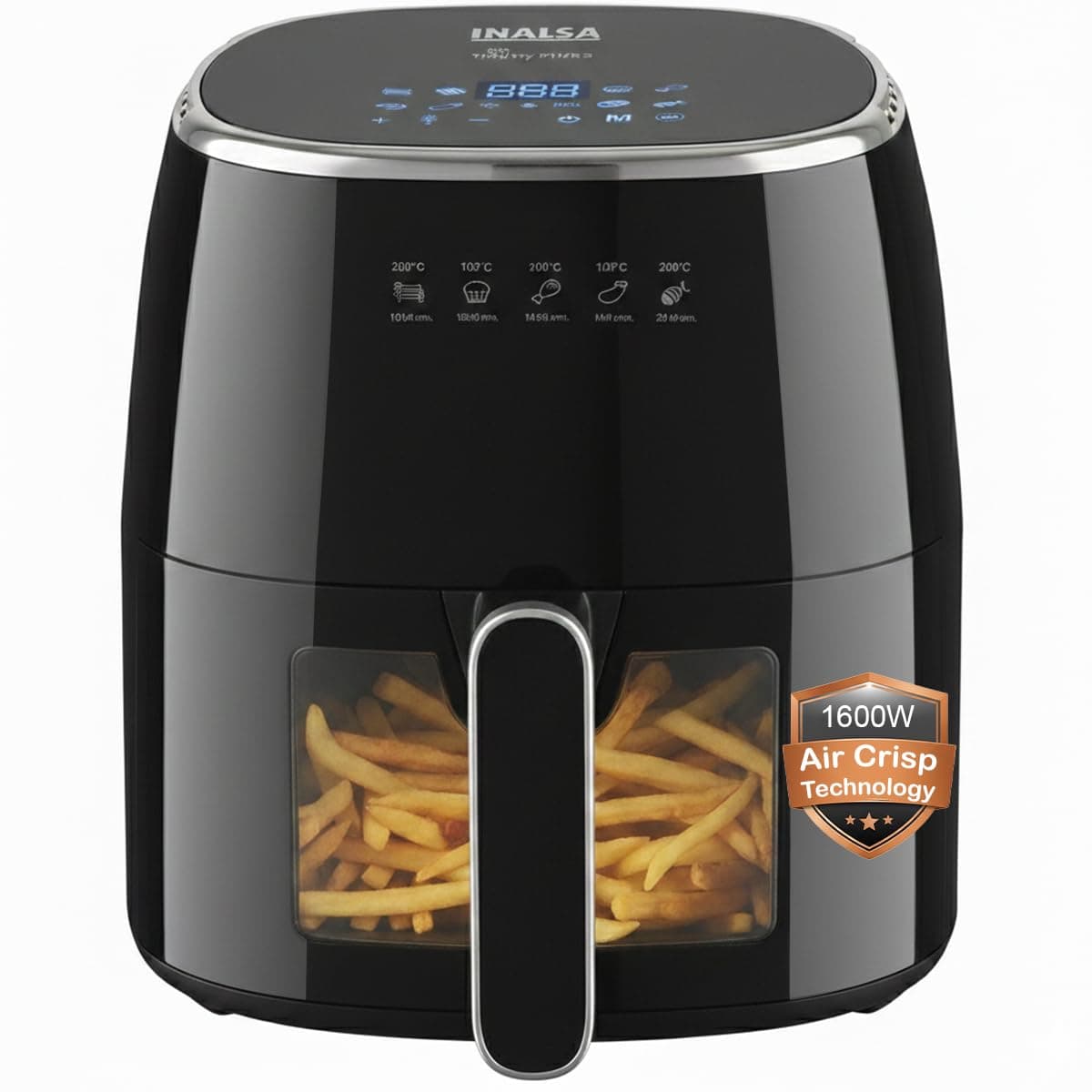 - INALSA Air Fryer for Home|5.5 liter Capacity|Visible Window & Internal Light|1600 W with Smart AirCrisp Technology|6-In-1 Appliance With 8 Preset Menu & Digital Display (Tasty fry DW5.5) Black