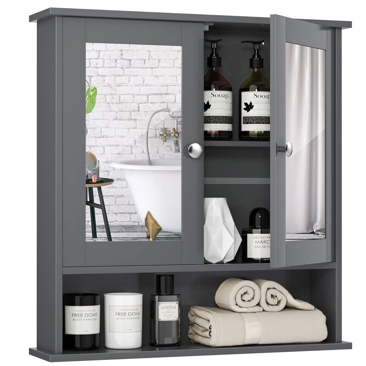 GOFLAME Two-Door Wall Cabinet w/Double Mirrors, Wooden Storage Organizer for Bathroom, Living Room and Kitchen, Modern Hanging Cabinet w/Open Storage Shelf, Inner Adjustable Shelf (Gray)