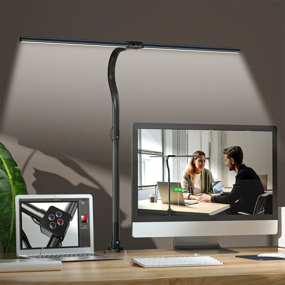 Double Head Desk Lamp, 24W LED Table Lamp with 5 Adjustable Brightness and 5 Color, Modes Desk Lamps for Workbench/Monitor/Home/Reading/Offices/Bedrooms/Dormitories