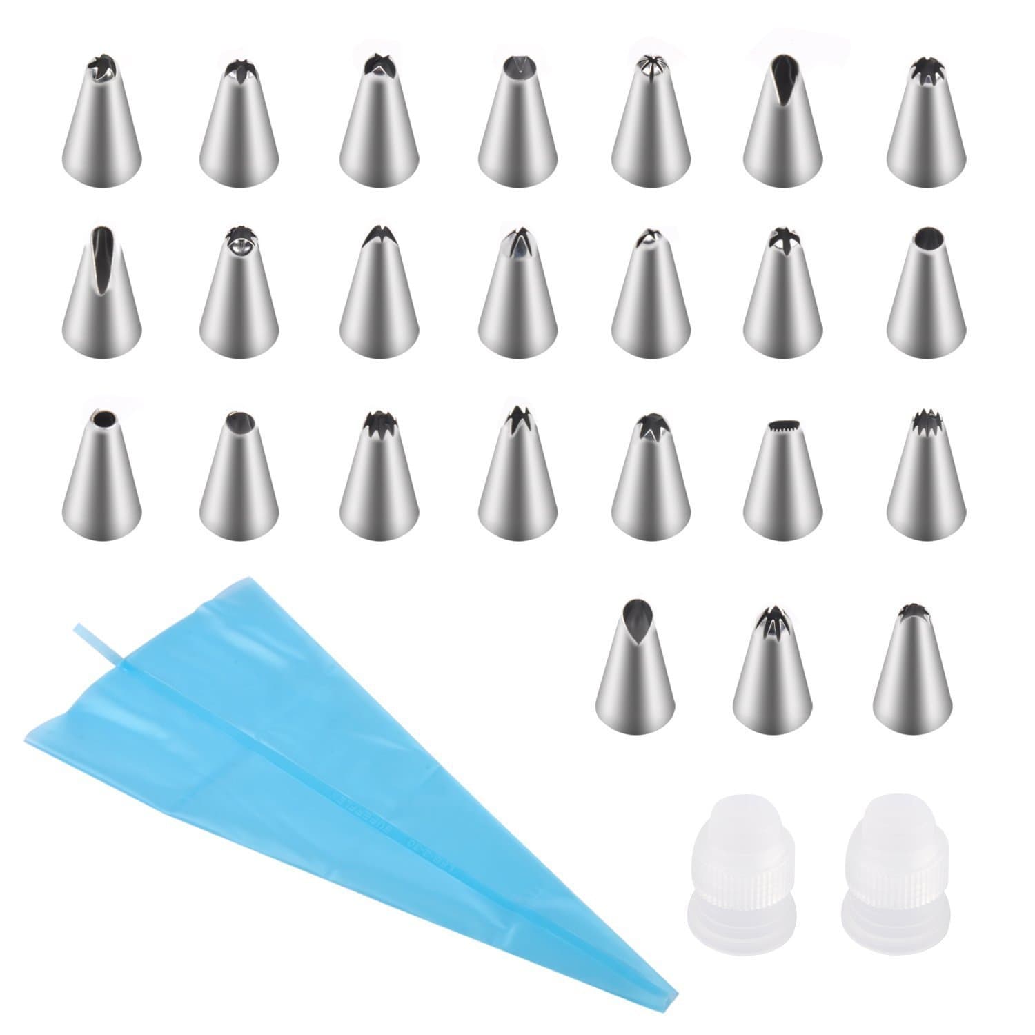 27PCS Cake Decoration Tips Set - 24PCS Professional Stainless Steel Piping/Dispenser Nozzle Kit, a Reusable Silicone Pastry Bag and 2 Reusable Coupler for Cakes Cupcakes Cookies Pastry