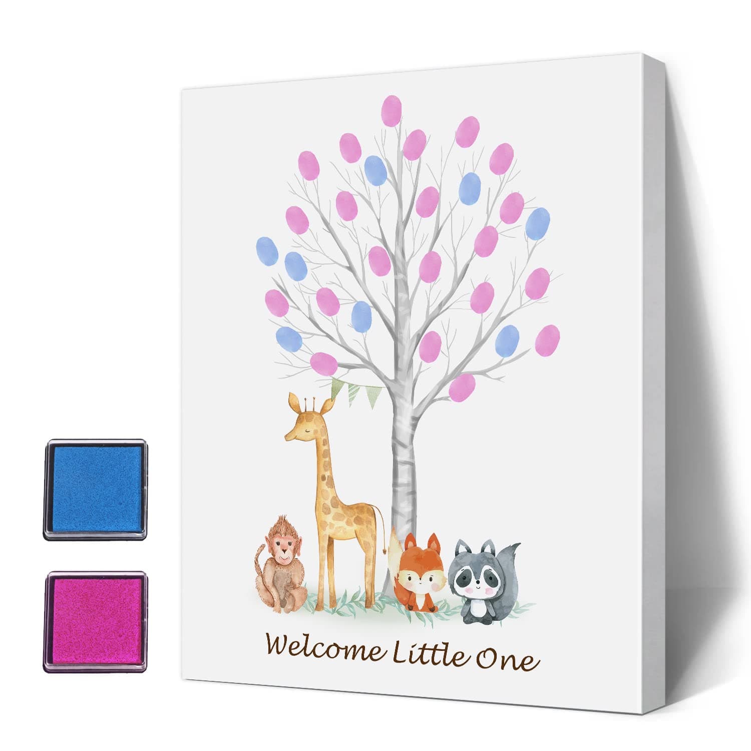 Theme Baby Gender Reveal Fingerprint Tree with Safari Animals, Boy and Girl Gender Guess Game Thumbprint Guest Book Ideas, Woodland Baby Shower Activity Decorations