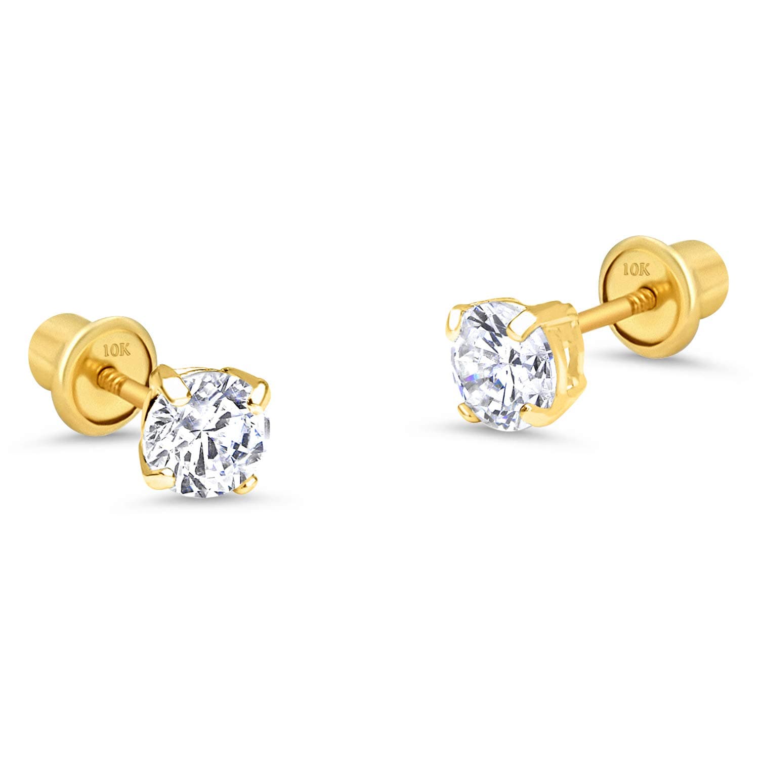 10k Yellow Gold Basket Round CZ Cubic Zirconia Solitaire Children Stud Screwback Baby Girls Earrings