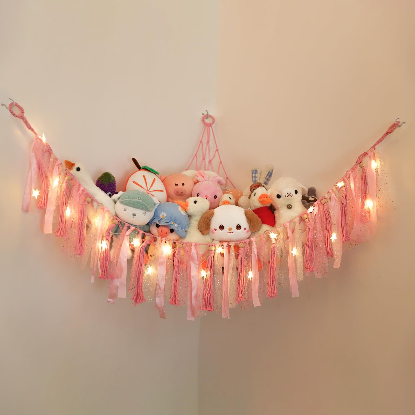 Stuffed Animal Hammock, Dense Stuffed Animal Net or Hammock with Transitional Fringes, DIY Ribbons Great Decor Stuffed Animal Storage, 138'' Star Light String, 39'' x 39'' x 59, Pink