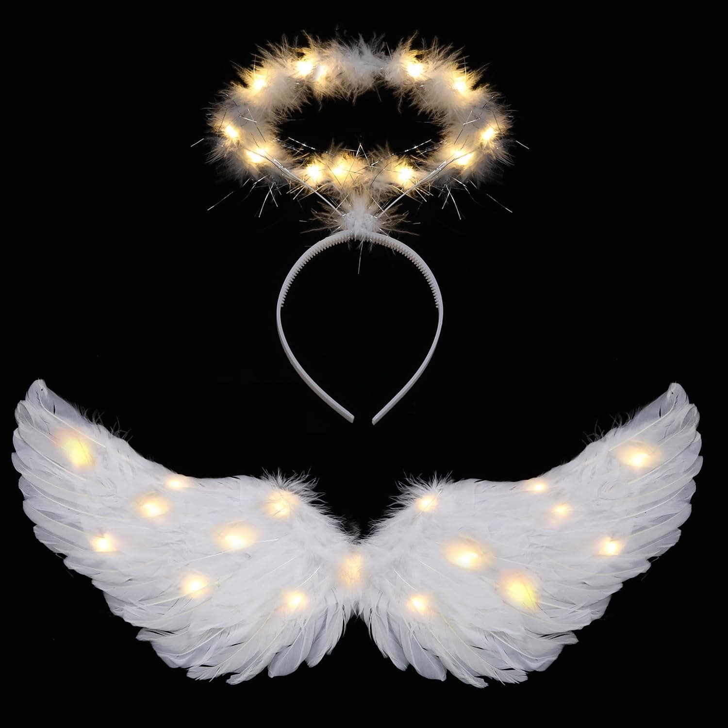 Angel Wings, Light Up Angel Wings and Halo with LED Lights, White Angel Wings Costume for Adult Women Kids Halloween Xmas