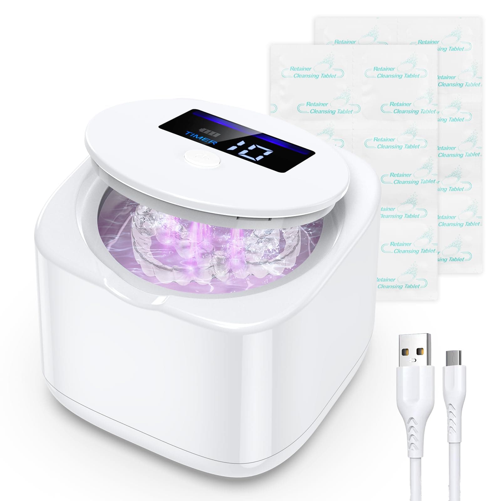 Retainer Cleaner Machine, Cordless UV Ultrasonic Retainer Cleaner, Ultrasonic Dental Cleaner for Dentures, Mouth Guard, 180ML Portable Rechargeable Dental Cleaning Pod, Home, Travel White