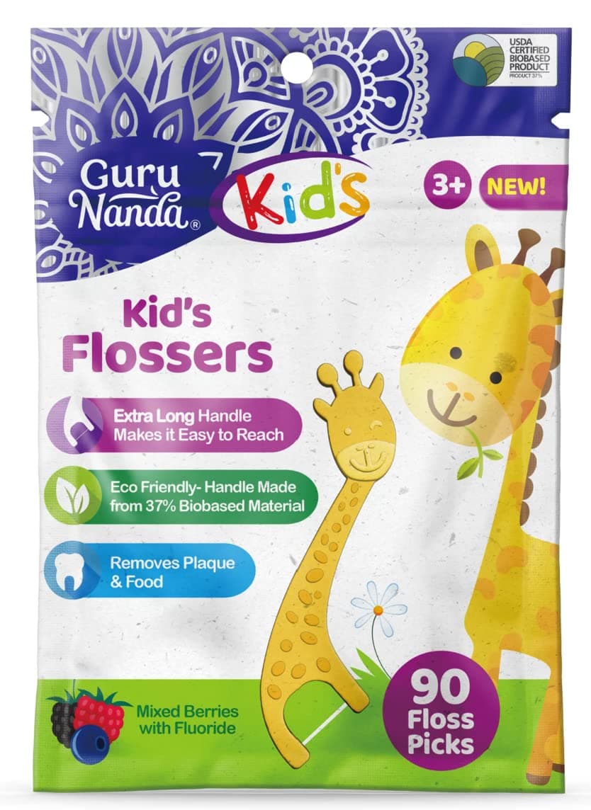 GuruNanda Kids Dental Floss Picks - Flavored with Fluoride - 90 Count