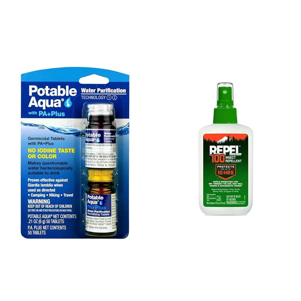 Water Purification Tablets Two 50ct Bottles and Repel 100 Insect Repellent Pump Spray 4-Fluid Ounces 10-Hour Protection