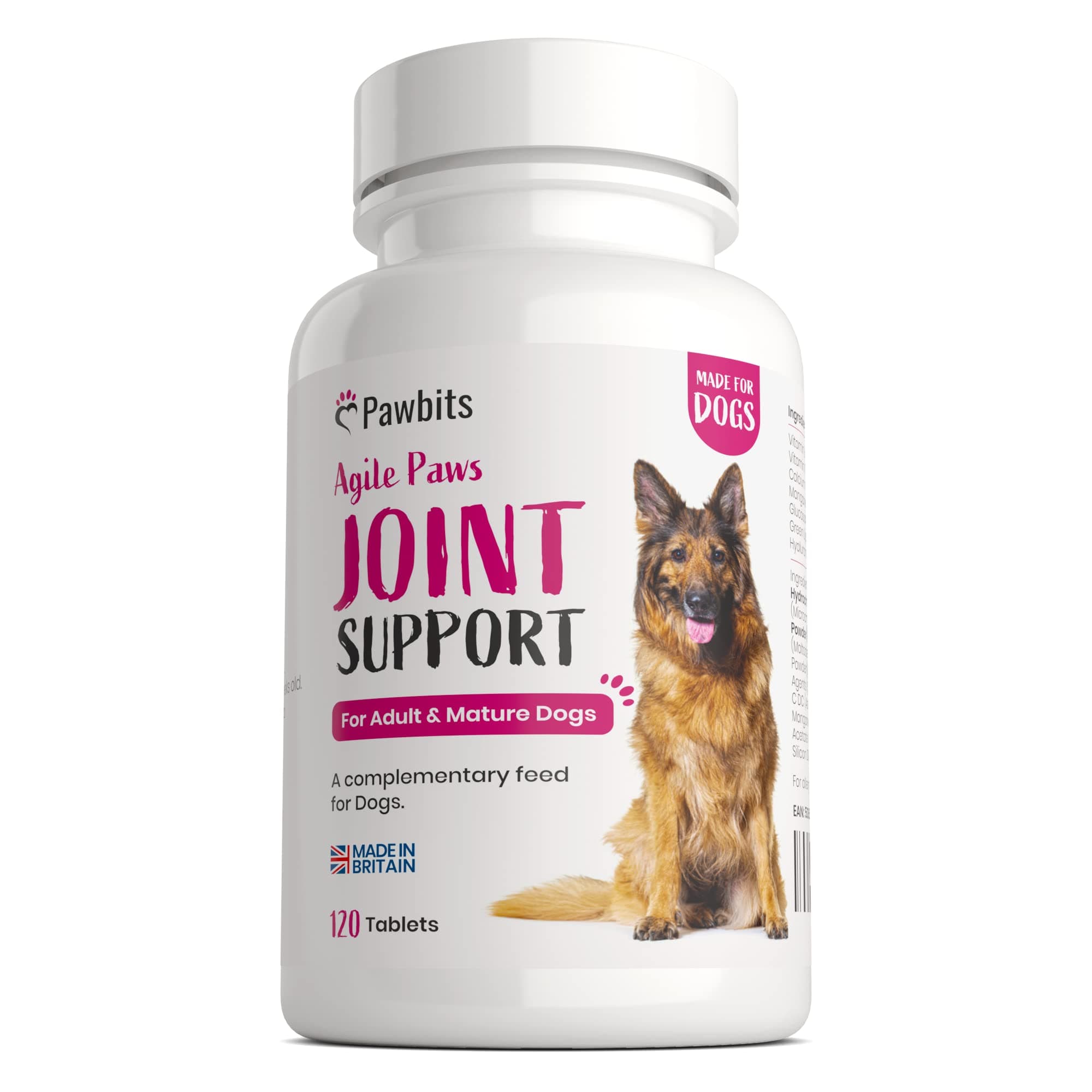 Pawbits 120 Adult Senior Dog Hip & Joint Supplements for Older Mature Dogs. High Strength Green Lipped Mussel Supplement for Elderly Dogs with Stiff Joints - Glucosamine, Vitamin C & E