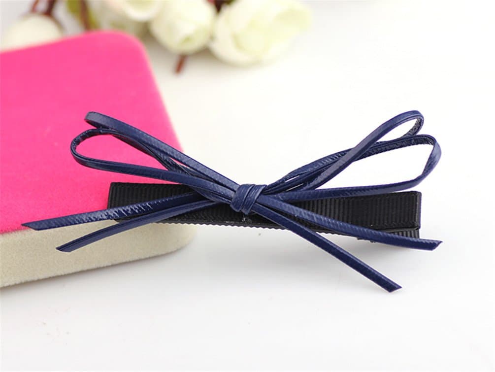 Bling2Bling Ladies Girls Hair Clip Hairpin Fashion Bowknot Leather Barettte (Navy Blue)