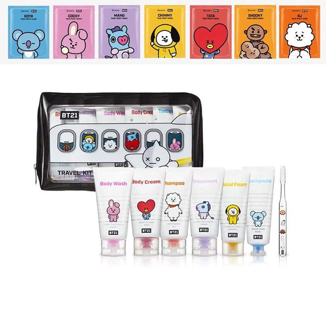 BTS OFFICIAL MERCHANDISE COSMETICS TRAVEL KIT (POUCH INCLUDED) + MEDIHEAL MASK PACK+EXTRA BTS PHOTOCARDS (JIN RJ)