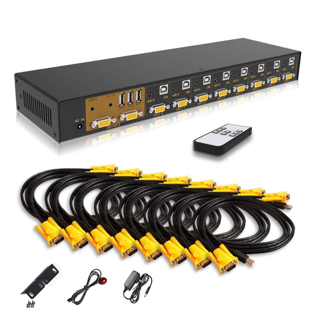 Huasion VGA KVM Switch 8 Port in 2 Out Switcher 8x2 Supports Wireless Keyboard and Mouse Audio USB 2.0 Devices Sharing 8 Computers with Remote Control