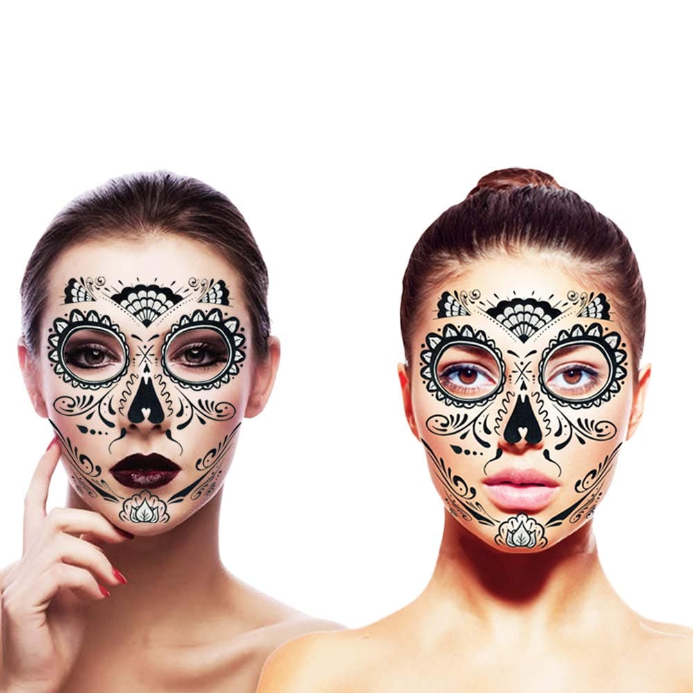 Day of the Dead Mask and Sugar Skull Face Temporary Tattoos Costume Kit (Glitter Web Design)
