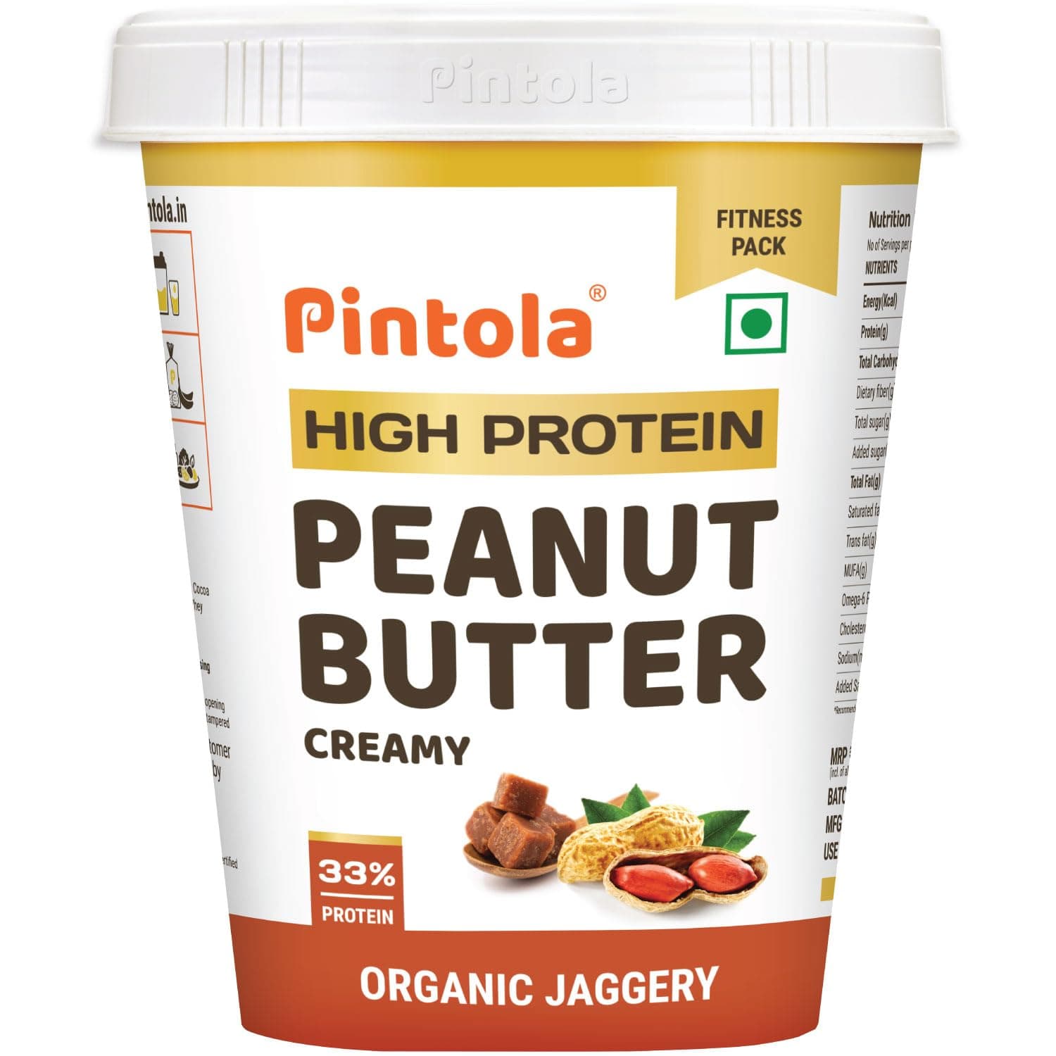 PINTOLA 33G Whey Protein Added Peanut Butter | Sweetened with Organic Jaggery | 0% Refined Sugar & 0% Salt - 510g Creamy