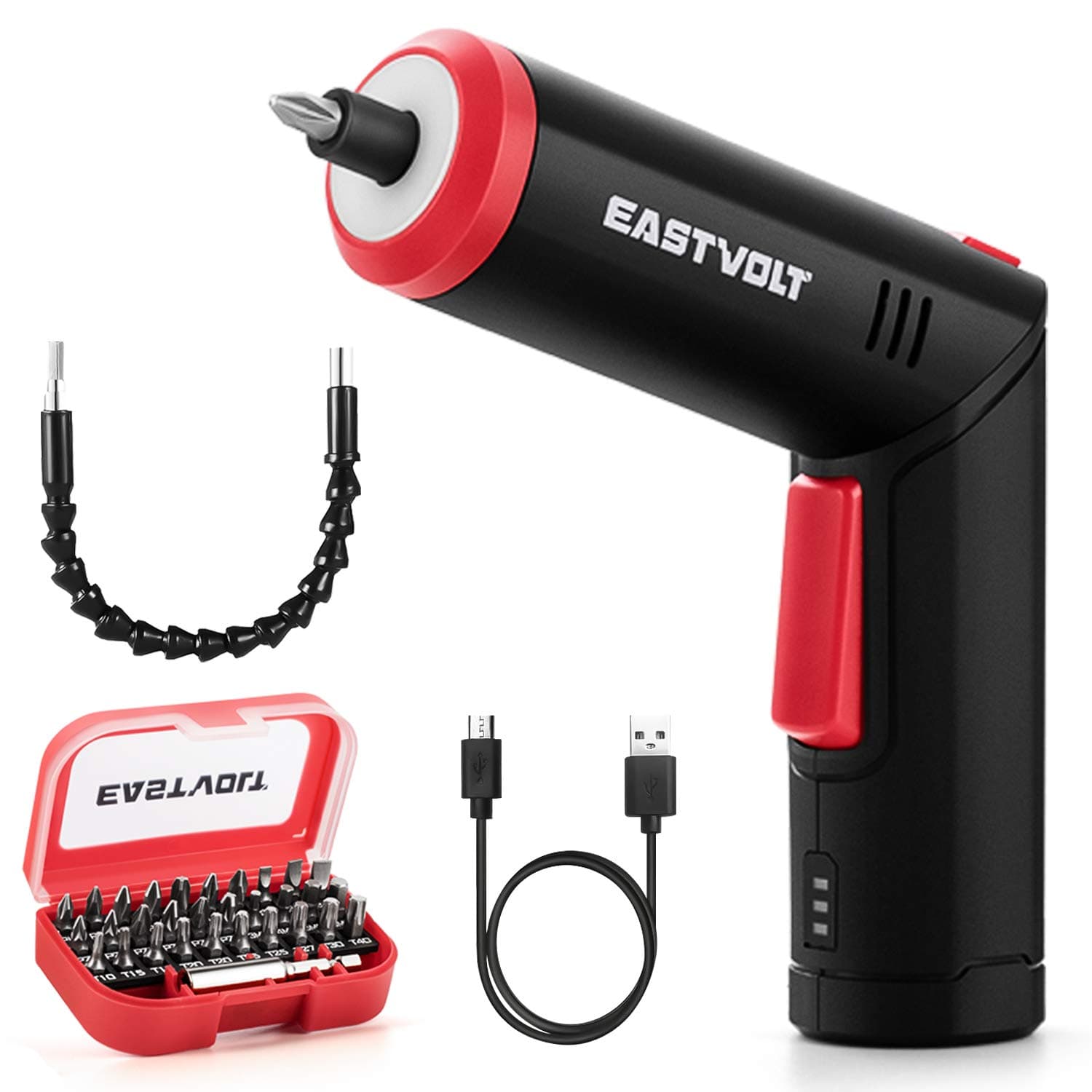 4V Cordless Screwdriver, 6Nm Electric Screwdriver Rechargeable with 90 degree rotary handle, LED Light and USB Charging, Extension Rod, 32 Pieces Accessories