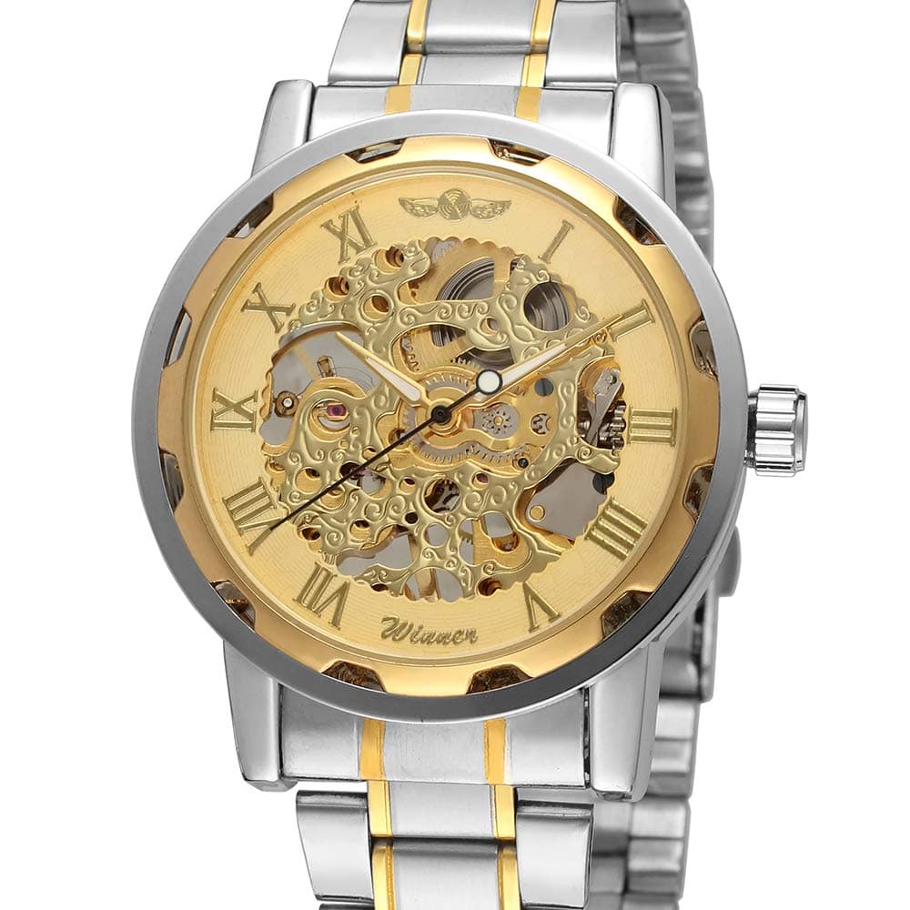 Honeytecs Men's Watches Skeleton Noctilucent Mechanical Movement Roman Numerals Waterproof Sports Business Analog Dial Stainless Steel Band Strap Wrist Watch for Men/Silver Band + Gold Dial + Gold