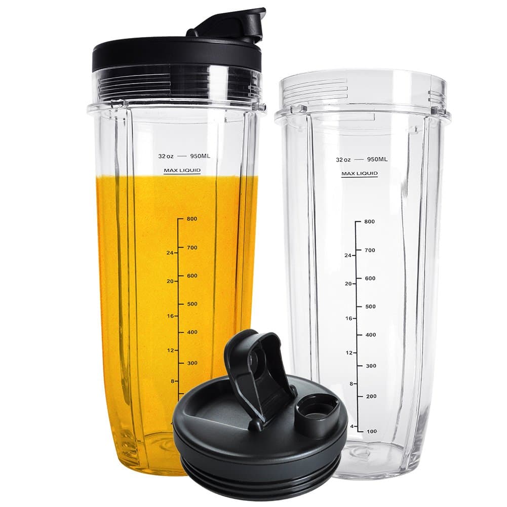 QueenTrade Nutri Ninja 32oz Replacement Cups & Lids (2 Pack) - Clear, BPA Free, Dishwasher Safe - Fits Auto IQ Blenders