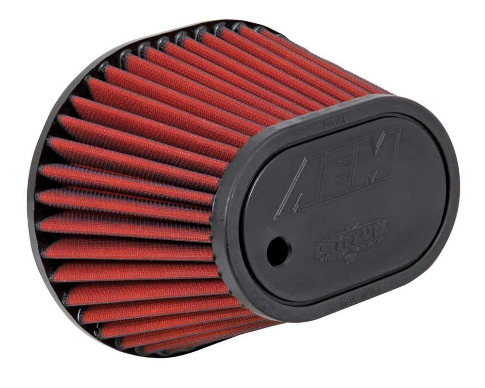 AEM21-2148D-HK Universal DryFlow Clamp-On Air Filter: Oval Tapered; 3.5 in (89 mm) Flange ID; 5.5 in (140 mm) Height; 8.5 in x 7 in (216 mm x 178 mm) Base; 6.25 in x 4 in (159 mm x102 mm) Top