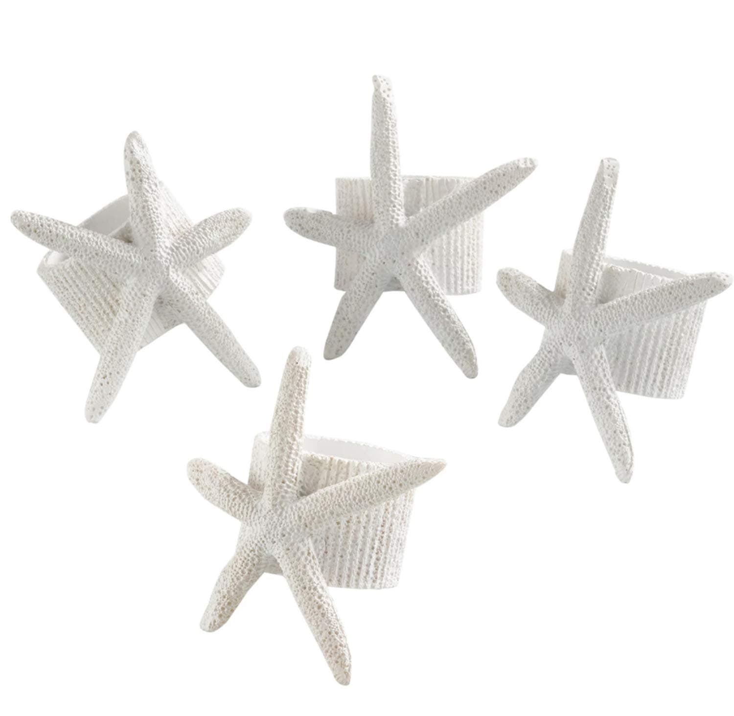 Fennco Styles Neptune Collection Nautical Resin Starfish 4 x 4 x 3 Inch Napkin Rings for Dining Table, Outdoor Parties, Wedding, White, Set of 4