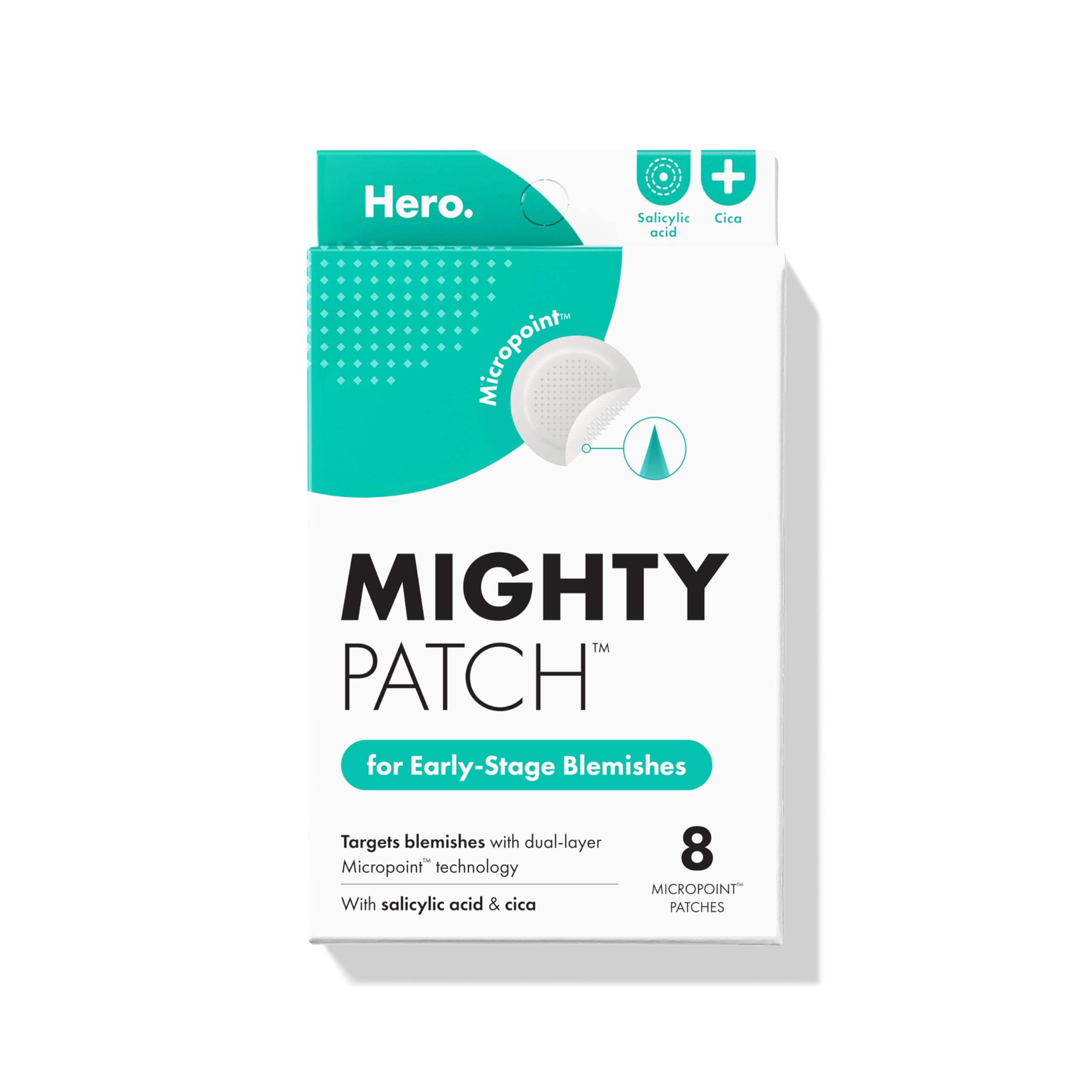 Micropoint Large Hydrocolloid Pimple Patches for Face Blemishes from Hero Cosmetics, Acne Stickers for Early Stage Zits & Hidden Pimples, 395 Proprietary Micropoints, 8 Count