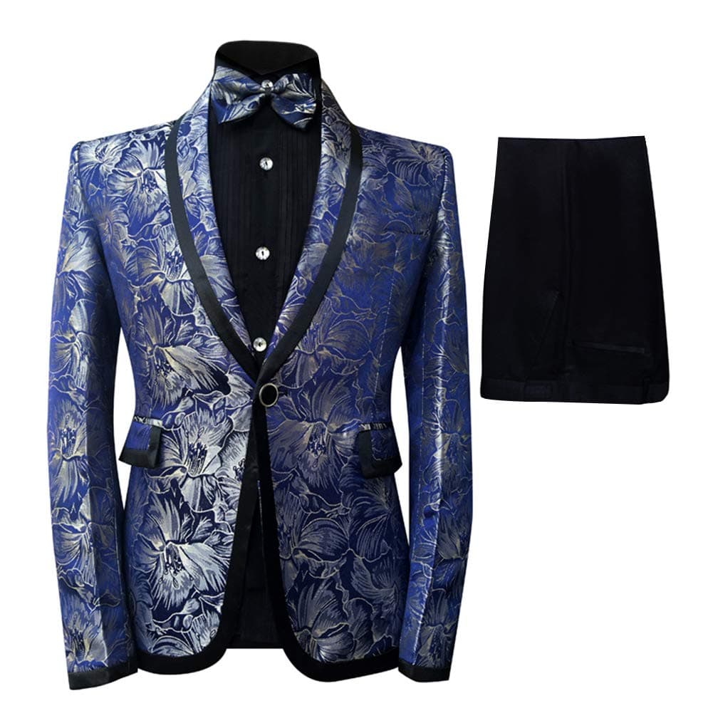 Boys Tuxedo Suit Floral Shawl Lapel Slim Fit Elegant Blue Suit Set