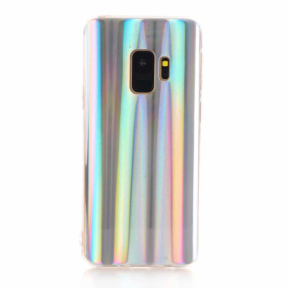 Samsung Galaxy S9 Case, EASEU Holographic Phone Case, Laser Beam Aura Glow Sparkle Bling Reflective Rainbow Super Slim Silver Soft TPU Protective Cover Case for Samsung Galaxy S9