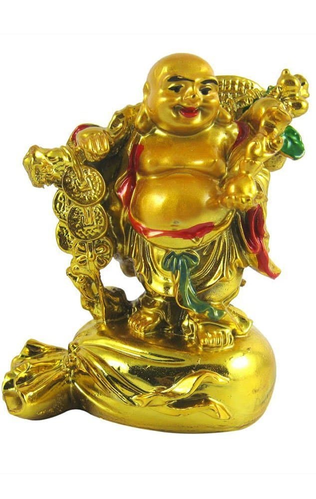 odishabazaar Resin Vastu Feng Shui Laughing Buddha Stand On Money Potli Showpiece - 10 Cm, Gold (Buddha_S-C-1)
