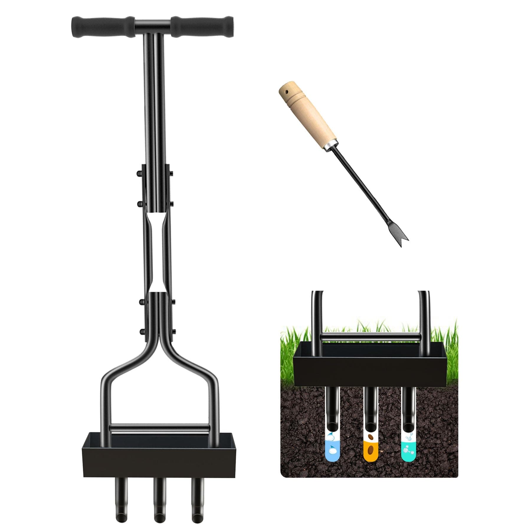 Aerator for Lawns, 3 Prongs for Lawn Aerator, Manual Lawn Aerator with Ground Frame 38 Inches and Garden Tools, Hollow Aerator for Aerating Compacted Soils / Improving the Lawn or Yard