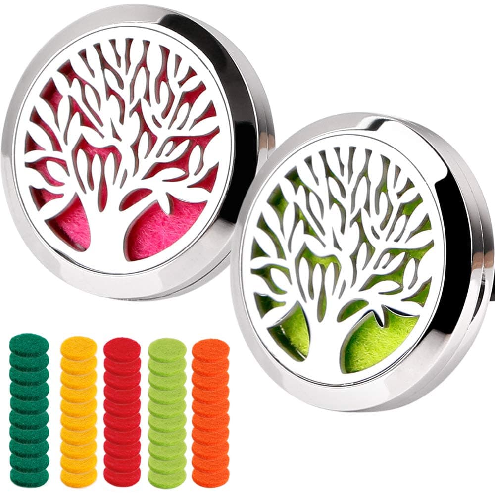 Car Aromatherapy Essential Oil Diffuser Car Air Freshener Stainless Steel Magnetic Closure Locket 2PCS Tree of Life with 50 Refill Pads
