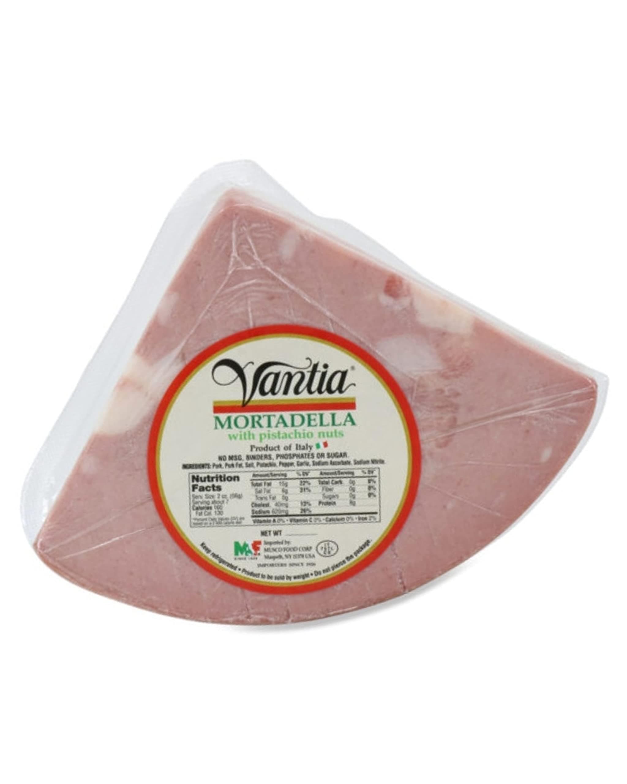 Vantia Imported Mortadella with Pistachios - Original and Authentic Flavor, Slow Roasted in Traditional Brick Ovens, 100% Natural Pork - 12oz Triangle Cut, Made in Italy