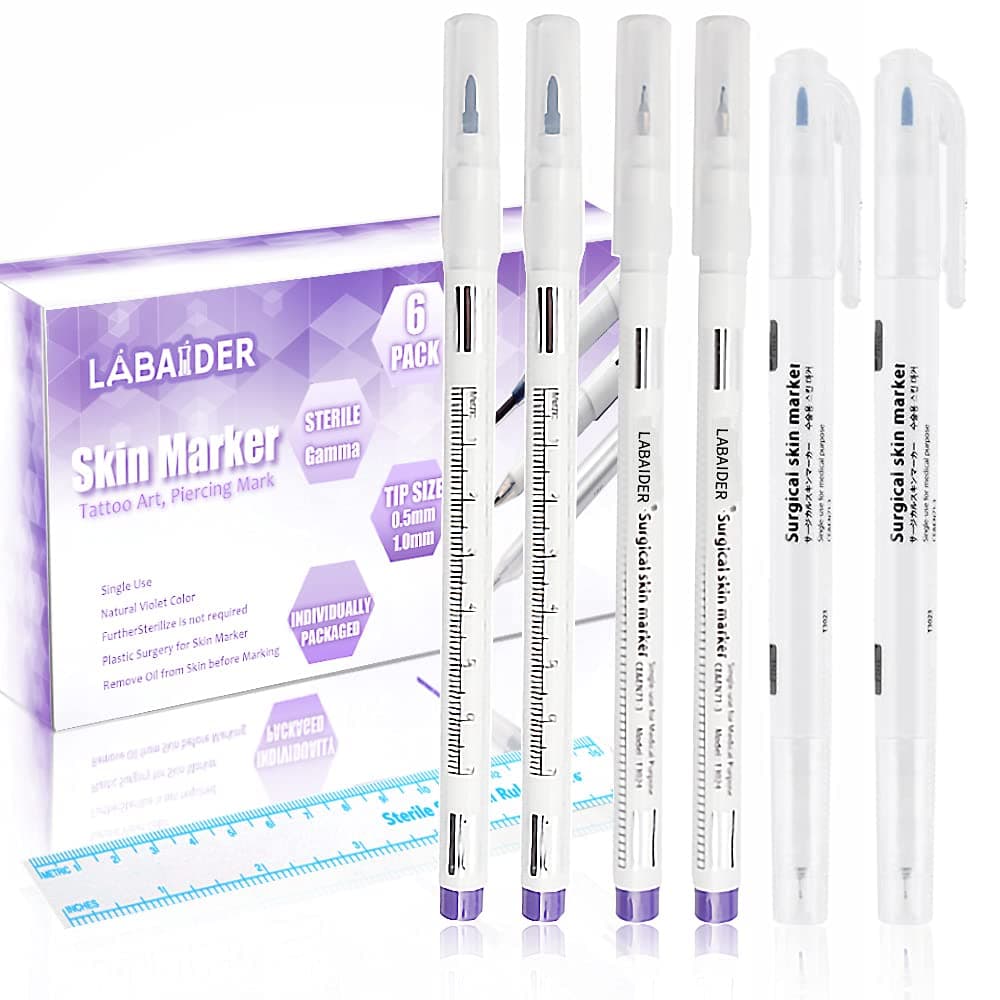 LabAider 6Pcs Professional Surgical Tip Skin Marker Pen Tattoo Markers Pen with Paper Ruler for Eyebrow, Lips, Skin Tattoo - Individually Sterile Wrapped (0.5MM&1MM)