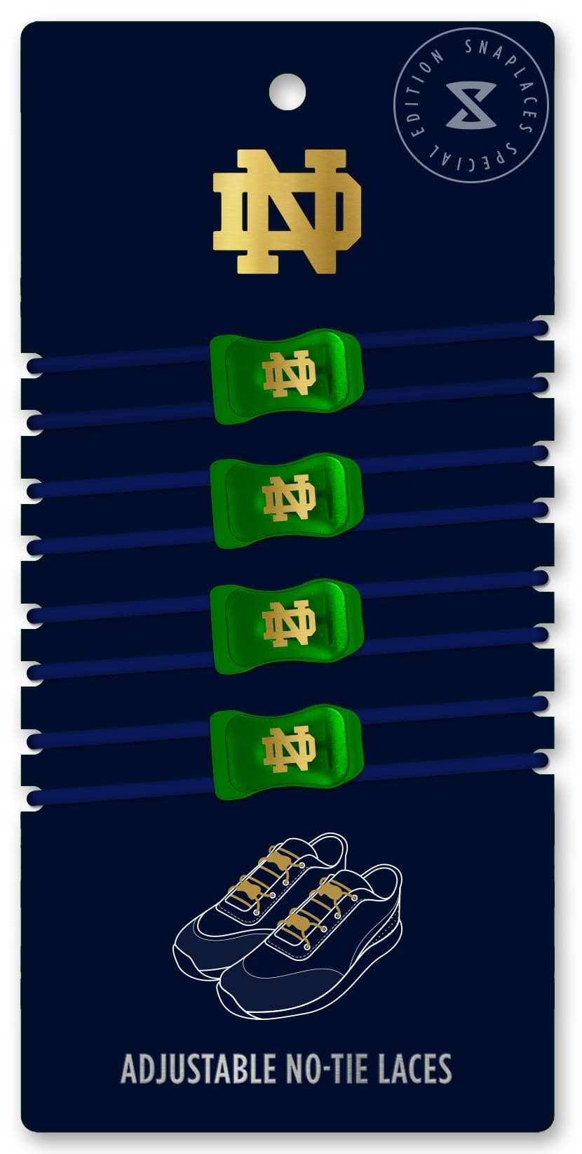 Notre Dame - Elastic No-Tie Adjustable Laces, Perfect for Fans, Kids, Adults and Athletes. One size fits all. (Navy & Gold / Gold Logo)