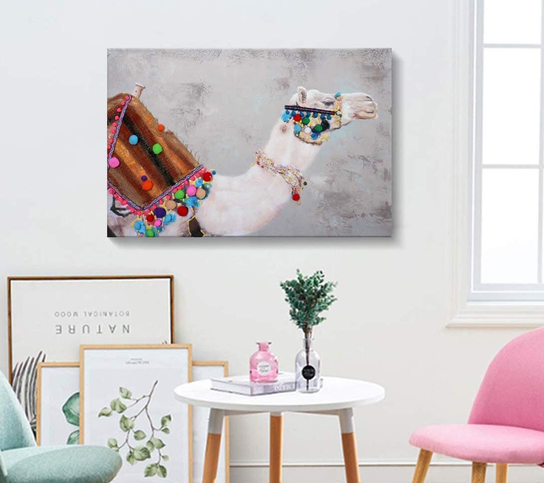 Camel Artwork Wall Art Hand-Painted Animal Wall Art add Decorative Materials to Painting Framed 36 inches by 24 inches for Bathroom Living Room and Office Hotel Room